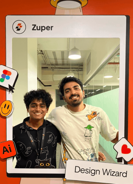 Mrithyunjay and another attendee posing in a Zuper Design Wizard photo frame.