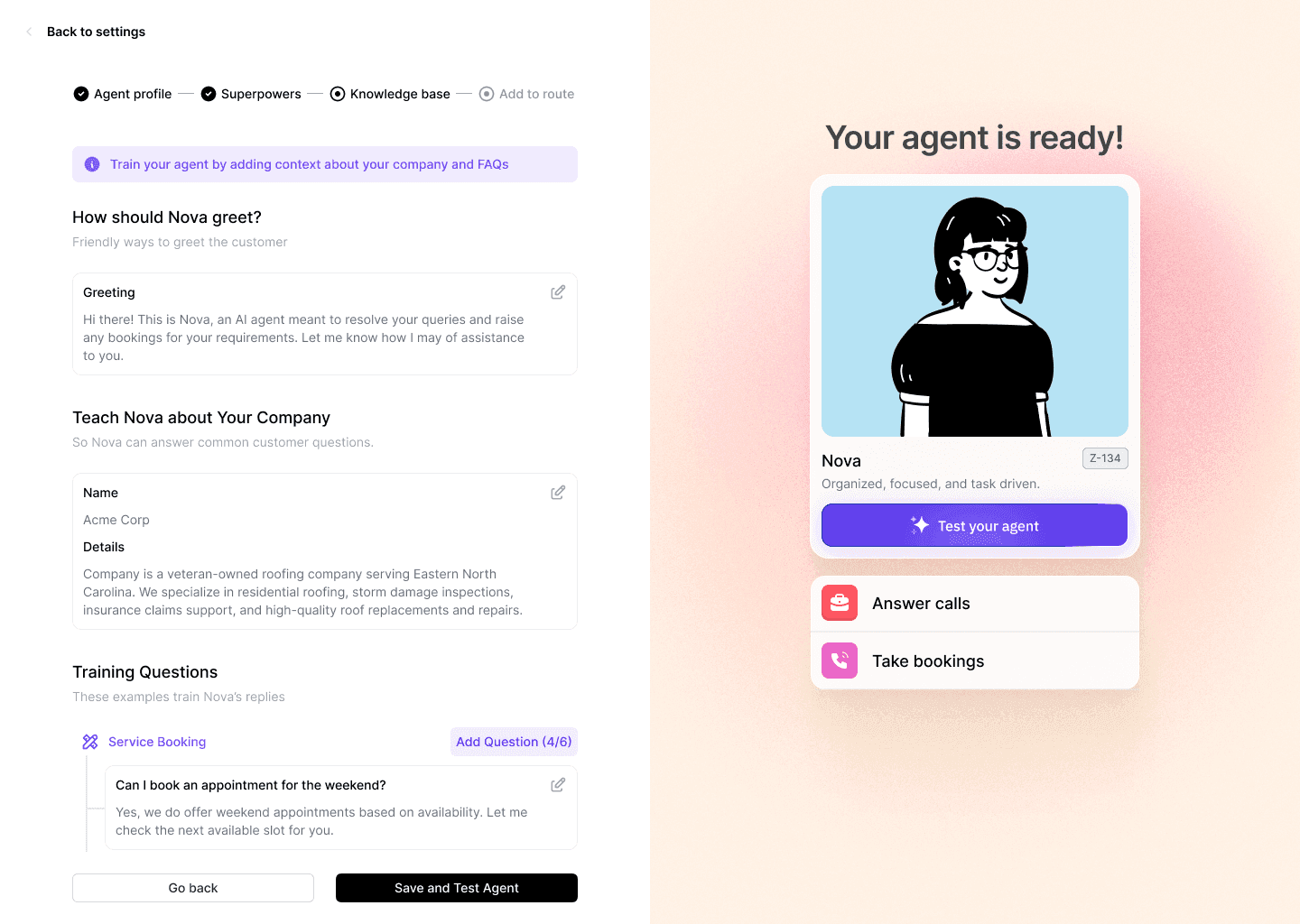 Knowledge base step of the AI Responder setup, with greeting, company details and a Service Booking training question on the left and the Nova agent card with Test your agent button on the right