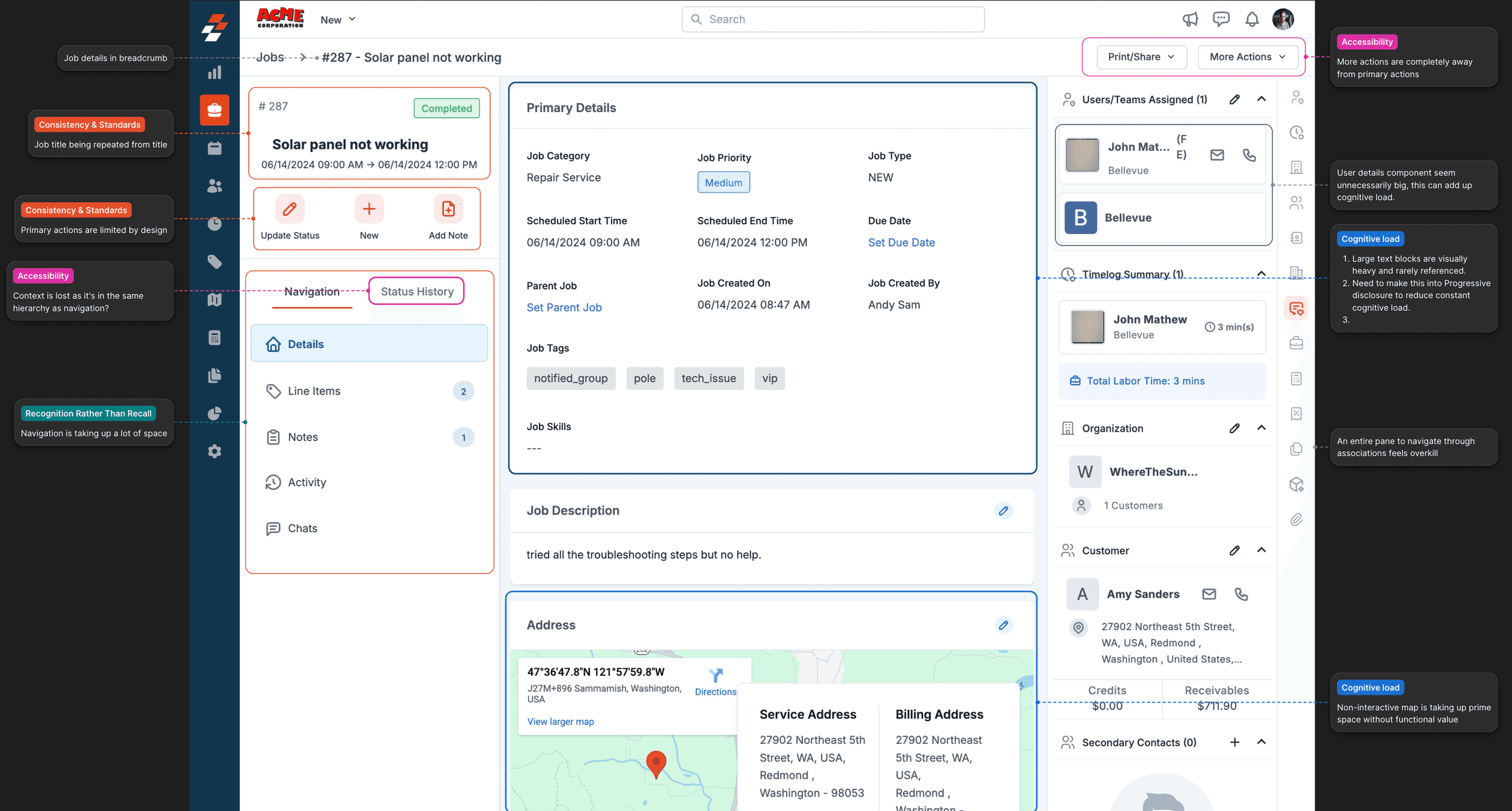 Annotated audit of the previous Job Details page, with callouts tagged Consistency & Standards, Accessibility, Recognition Rather Than Recall and Cognitive load, noting issues such as the job title being repeated, limited primary actions, navigation taking up a lot of space, oversized user details, and a non-interactive map taking up prime space