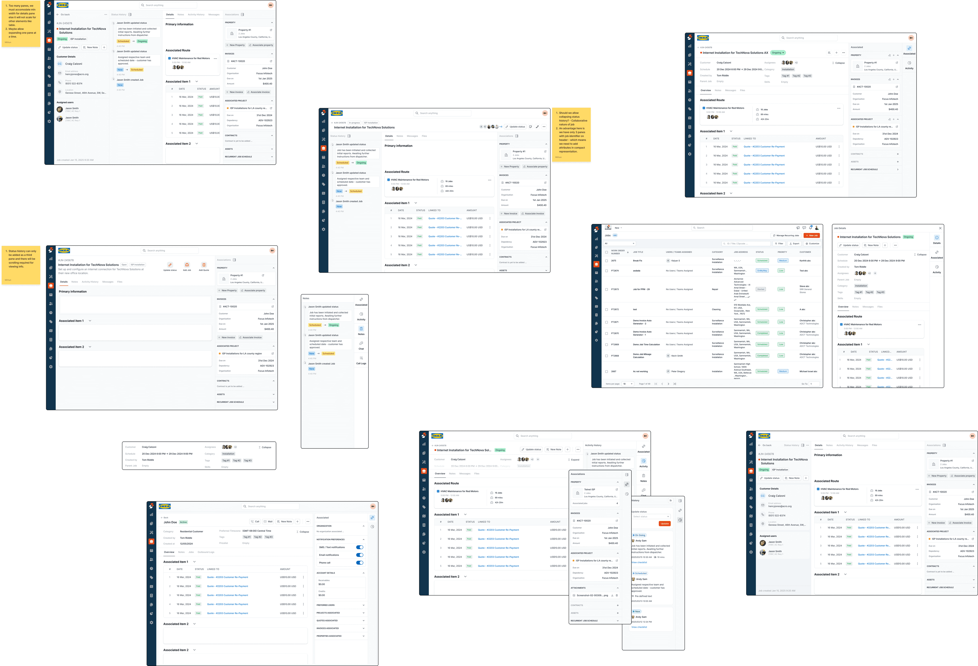 Canvas of many Job Details page prototype screens exploring different layouts, some with yellow sticky-note annotations