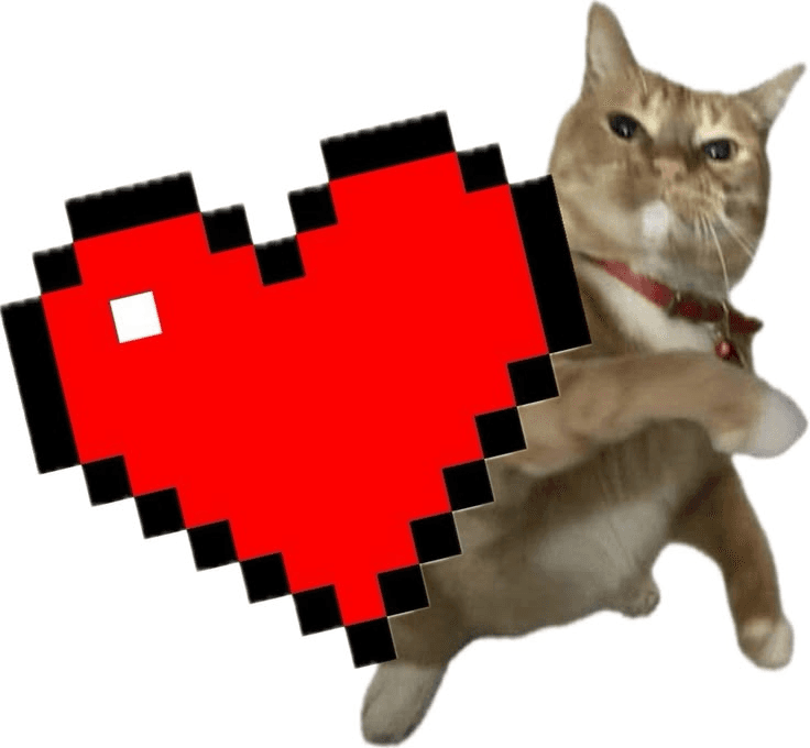 A cat offering you a pixel heart.
