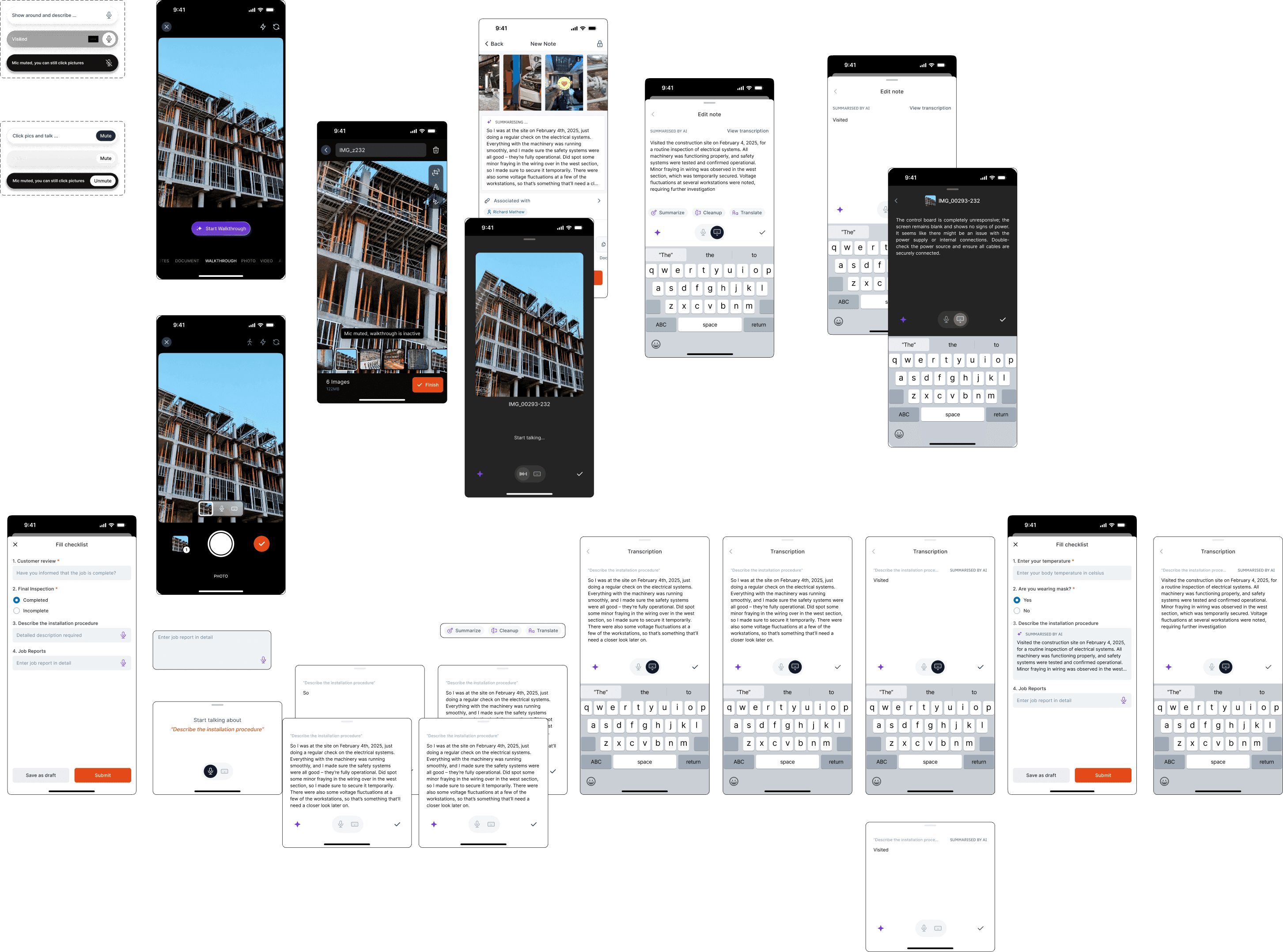 Exploration screens for walkthrough camera, AI notes, transcription and checklist flows