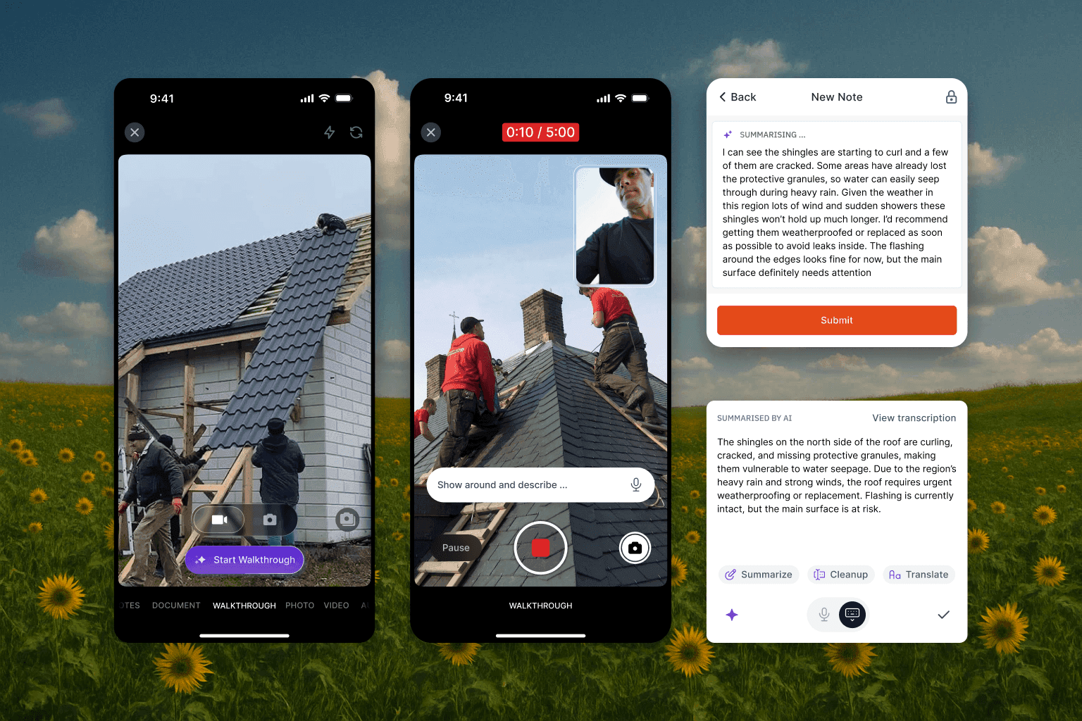 AI Walkthrough app screens: walkthrough camera, dual-camera recording, and an AI-summarised note